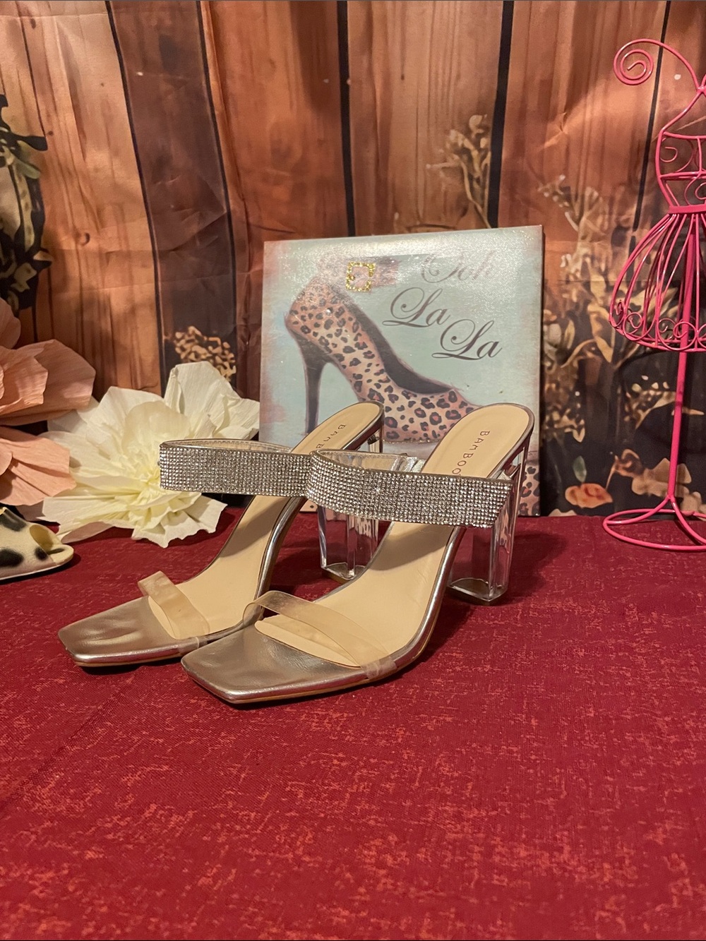 BAMBOO Nude and Silver Rhinestone Clear Block Heel Sandals